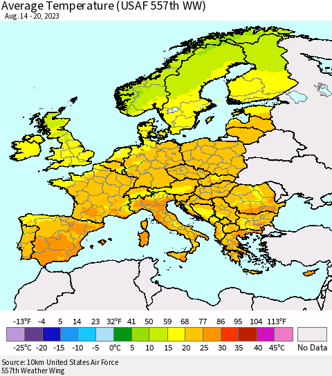 Europe Average Temperature (USAF 557th WW) Thematic Map For 8/14/2023 - 8/20/2023
