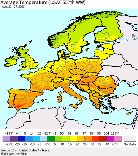 Europe Average Temperature (USAF 557th WW) Thematic Map For 8/21/2023 - 8/27/2023