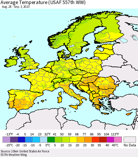 Europe Average Temperature (USAF 557th WW) Thematic Map For 8/28/2023 - 9/3/2023