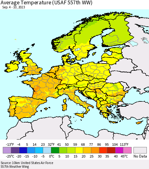 Europe Average Temperature (USAF 557th WW) Thematic Map For 9/4/2023 - 9/10/2023