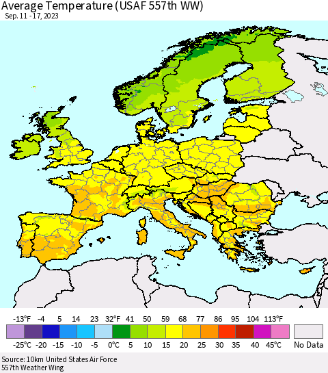 Europe Average Temperature (USAF 557th WW) Thematic Map For 9/11/2023 - 9/17/2023