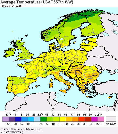 Europe Average Temperature (USAF 557th WW) Thematic Map For 9/18/2023 - 9/24/2023