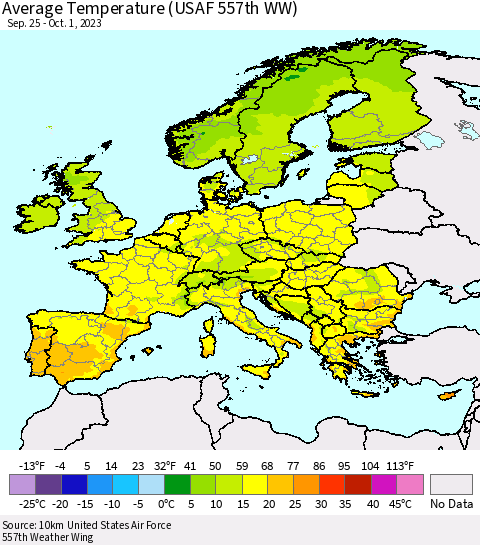Europe Average Temperature (USAF 557th WW) Thematic Map For 9/25/2023 - 10/1/2023