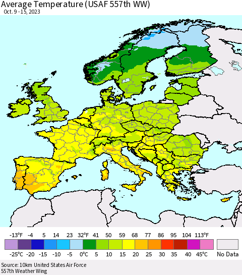 Europe Average Temperature (USAF 557th WW) Thematic Map For 10/9/2023 - 10/15/2023