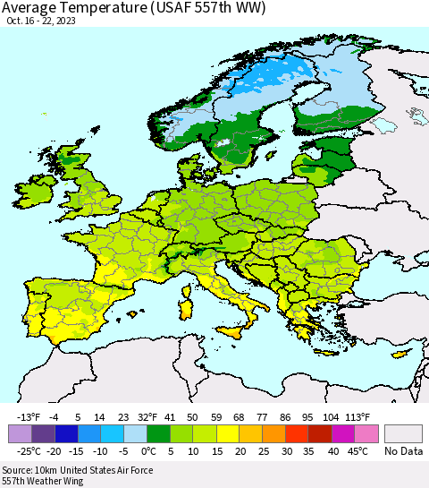 Europe Average Temperature (USAF 557th WW) Thematic Map For 10/16/2023 - 10/22/2023