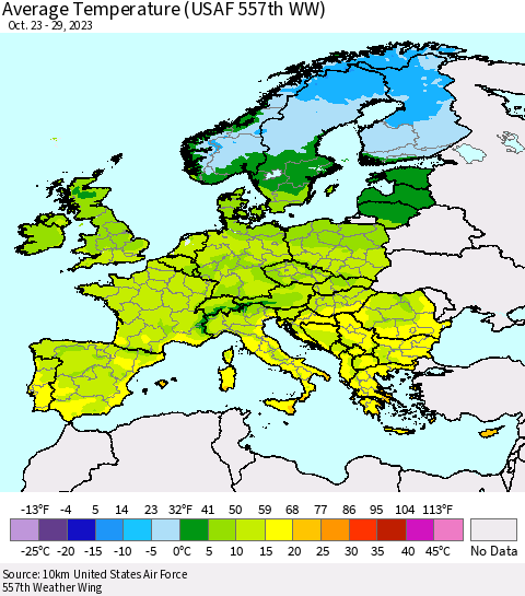 Europe Average Temperature (USAF 557th WW) Thematic Map For 10/23/2023 - 10/29/2023
