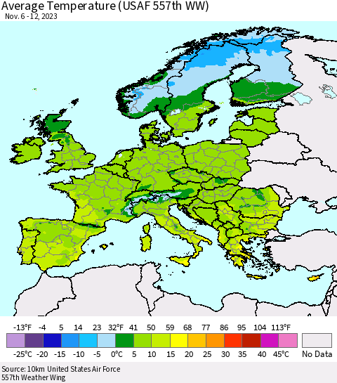 Europe Average Temperature (USAF 557th WW) Thematic Map For 11/6/2023 - 11/12/2023