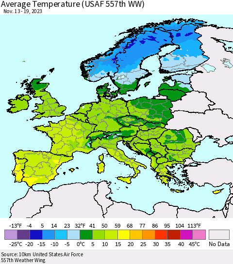Europe Average Temperature (USAF 557th WW) Thematic Map For 11/13/2023 - 11/19/2023
