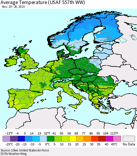 Europe Average Temperature (USAF 557th WW) Thematic Map For 11/20/2023 - 11/26/2023