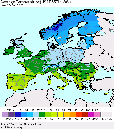Europe Average Temperature (USAF 557th WW) Thematic Map For 11/27/2023 - 12/3/2023