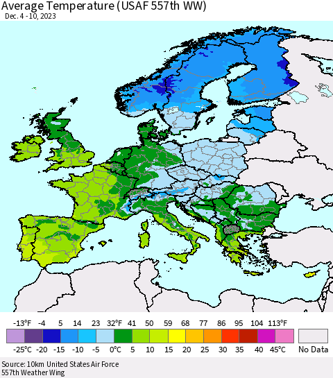 Europe Average Temperature (USAF 557th WW) Thematic Map For 12/4/2023 - 12/10/2023