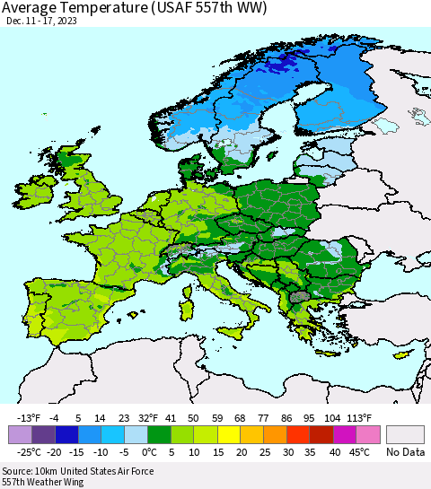 Europe Average Temperature (USAF 557th WW) Thematic Map For 12/11/2023 - 12/17/2023