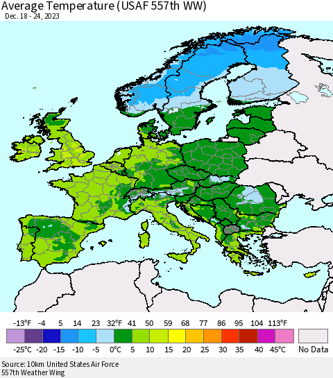 Europe Average Temperature (USAF 557th WW) Thematic Map For 12/18/2023 - 12/24/2023