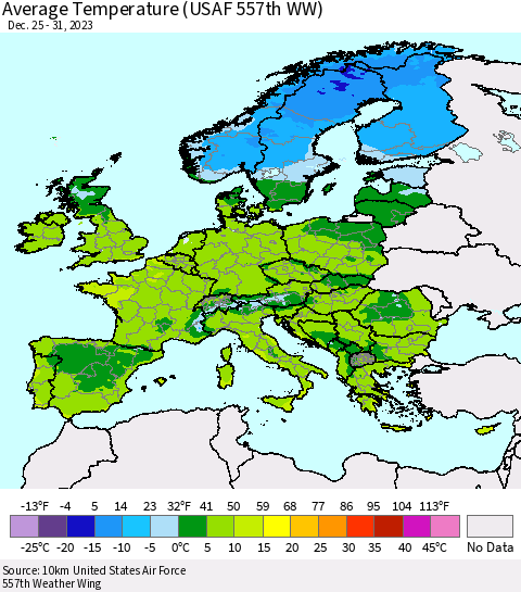 Europe Average Temperature (USAF 557th WW) Thematic Map For 12/25/2023 - 12/31/2023