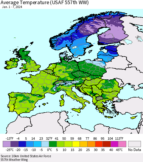 Europe Average Temperature (USAF 557th WW) Thematic Map For 1/1/2024 - 1/7/2024