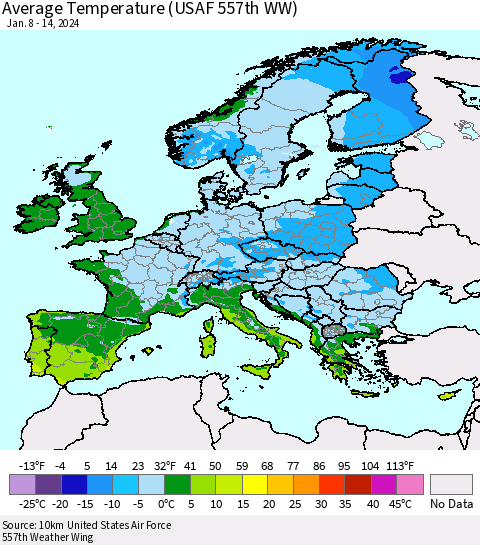 Europe Average Temperature (USAF 557th WW) Thematic Map For 1/8/2024 - 1/14/2024