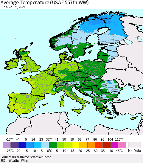 Europe Average Temperature (USAF 557th WW) Thematic Map For 1/22/2024 - 1/28/2024