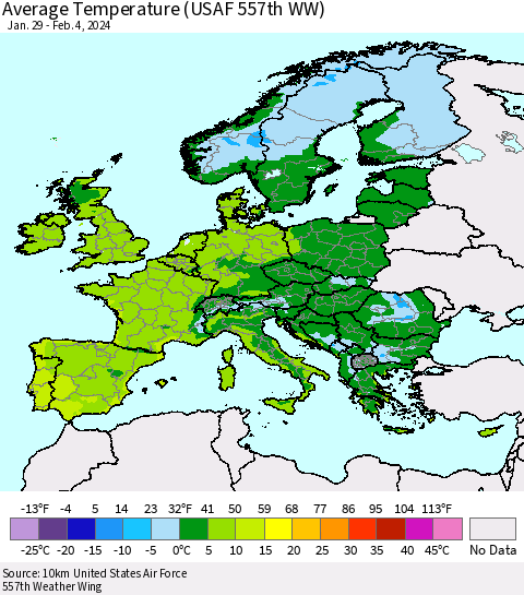 Europe Average Temperature (USAF 557th WW) Thematic Map For 1/29/2024 - 2/4/2024