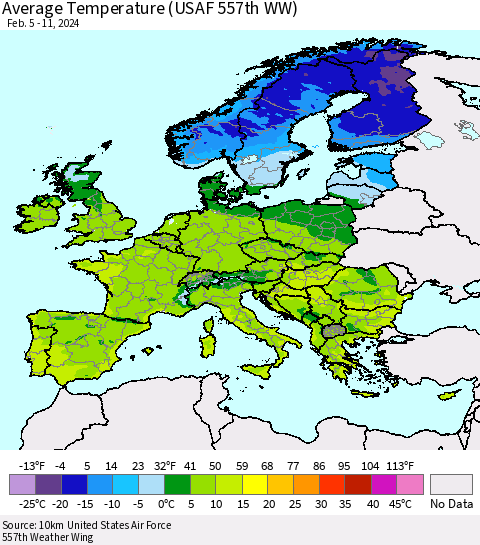 Europe Average Temperature (USAF 557th WW) Thematic Map For 2/5/2024 - 2/11/2024