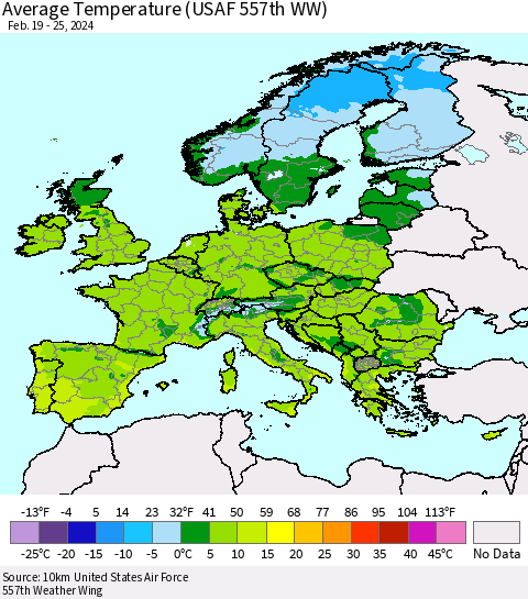 Europe Average Temperature (USAF 557th WW) Thematic Map For 2/19/2024 - 2/25/2024