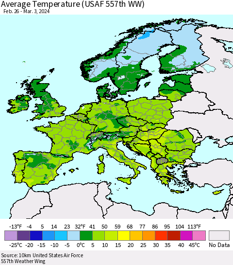 Europe Average Temperature (USAF 557th WW) Thematic Map For 2/26/2024 - 3/3/2024