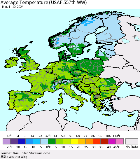 Europe Average Temperature (USAF 557th WW) Thematic Map For 3/4/2024 - 3/10/2024