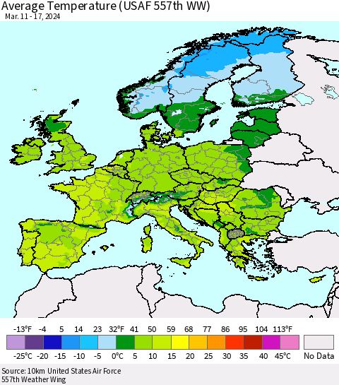Europe Average Temperature (USAF 557th WW) Thematic Map For 3/11/2024 - 3/17/2024
