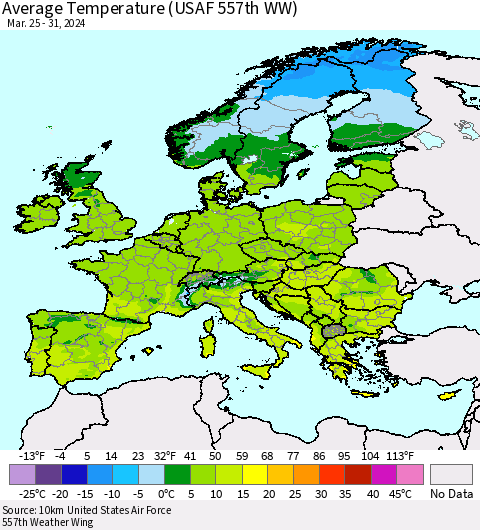 Europe Average Temperature (USAF 557th WW) Thematic Map For 3/25/2024 - 3/31/2024