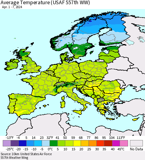 Europe Average Temperature (USAF 557th WW) Thematic Map For 4/1/2024 - 4/7/2024