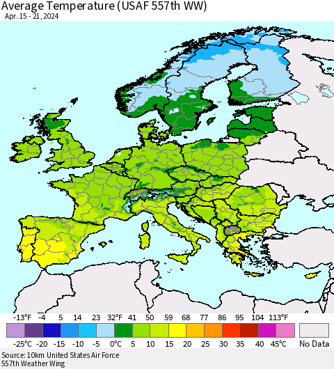 Europe Average Temperature (USAF 557th WW) Thematic Map For 4/15/2024 - 4/21/2024