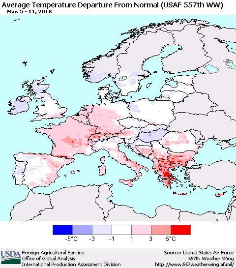 Europe Average Temperature Departure from Normal (USAF 557th WW) Thematic Map For 3/5/2018 - 3/11/2018