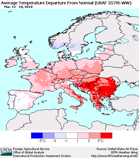 Europe Average Temperature Departure from Normal (USAF 557th WW) Thematic Map For 3/12/2018 - 3/18/2018