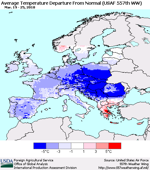 Europe Average Temperature Departure from Normal (USAF 557th WW) Thematic Map For 3/19/2018 - 3/25/2018