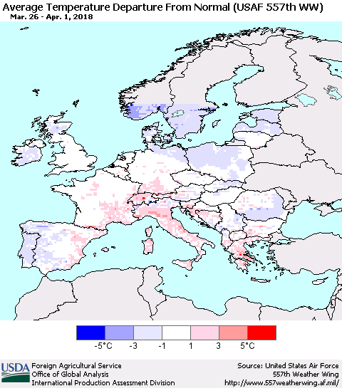 Europe Average Temperature Departure from Normal (USAF 557th WW) Thematic Map For 3/26/2018 - 4/1/2018