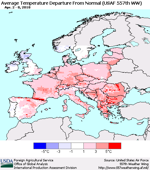 Europe Average Temperature Departure from Normal (USAF 557th WW) Thematic Map For 4/2/2018 - 4/8/2018
