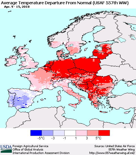 Europe Average Temperature Departure from Normal (USAF 557th WW) Thematic Map For 4/9/2018 - 4/15/2018