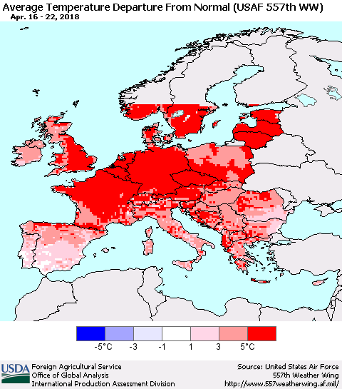 Europe Average Temperature Departure from Normal (USAF 557th WW) Thematic Map For 4/16/2018 - 4/22/2018
