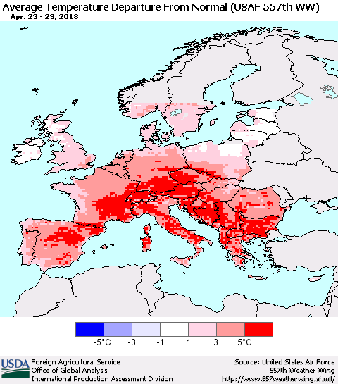 Europe Average Temperature Departure from Normal (USAF 557th WW) Thematic Map For 4/23/2018 - 4/29/2018