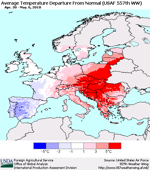 Europe Average Temperature Departure from Normal (USAF 557th WW) Thematic Map For 4/30/2018 - 5/6/2018