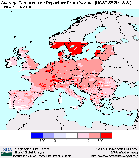 Europe Average Temperature Departure from Normal (USAF 557th WW) Thematic Map For 5/7/2018 - 5/13/2018