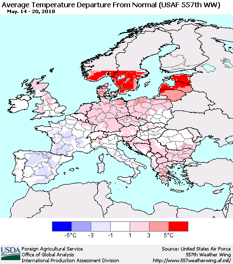 Europe Average Temperature Departure from Normal (USAF 557th WW) Thematic Map For 5/14/2018 - 5/20/2018