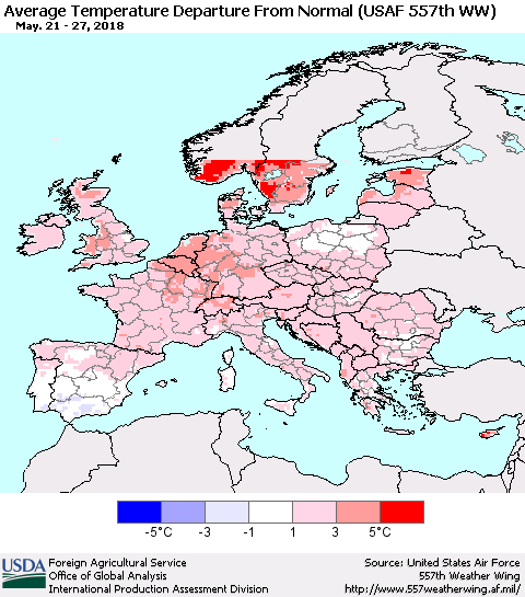 Europe Average Temperature Departure from Normal (USAF 557th WW) Thematic Map For 5/21/2018 - 5/27/2018