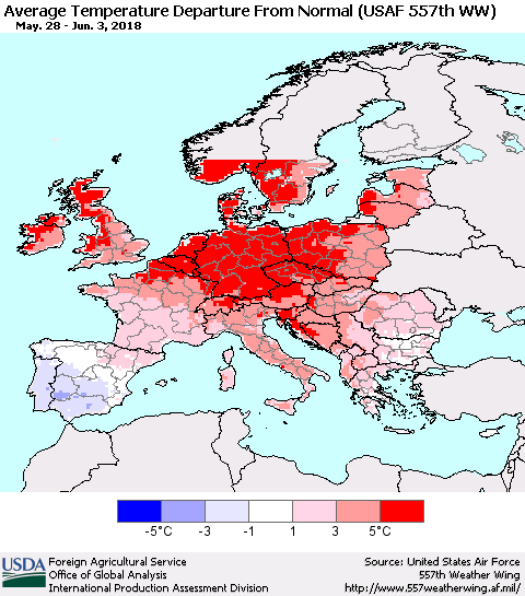 Europe Average Temperature Departure from Normal (USAF 557th WW) Thematic Map For 5/28/2018 - 6/3/2018