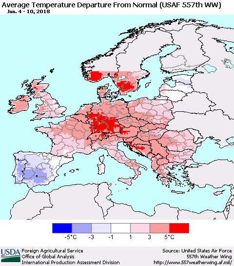 Europe Average Temperature Departure from Normal (USAF 557th WW) Thematic Map For 6/4/2018 - 6/10/2018
