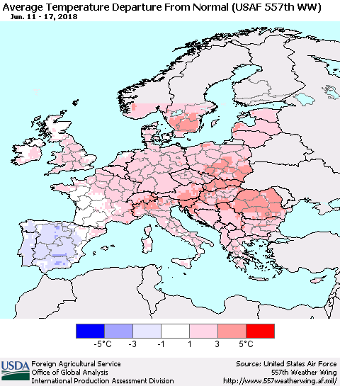 Europe Average Temperature Departure from Normal (USAF 557th WW) Thematic Map For 6/11/2018 - 6/17/2018