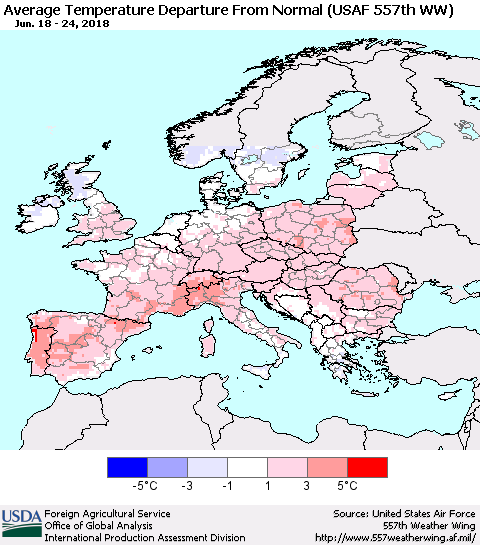 Europe Average Temperature Departure from Normal (USAF 557th WW) Thematic Map For 6/18/2018 - 6/24/2018