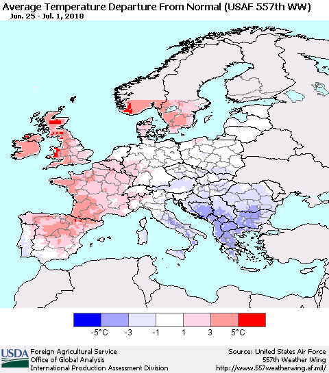 Europe Average Temperature Departure from Normal (USAF 557th WW) Thematic Map For 6/25/2018 - 7/1/2018