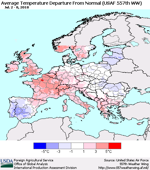 Europe Average Temperature Departure from Normal (USAF 557th WW) Thematic Map For 7/2/2018 - 7/8/2018