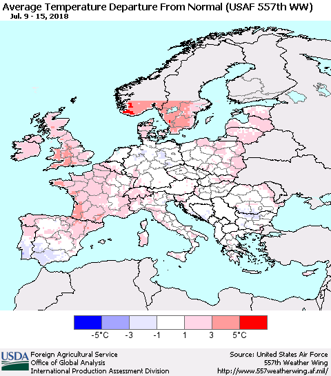 Europe Average Temperature Departure from Normal (USAF 557th WW) Thematic Map For 7/9/2018 - 7/15/2018