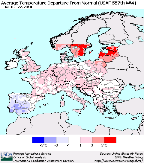 Europe Average Temperature Departure from Normal (USAF 557th WW) Thematic Map For 7/16/2018 - 7/22/2018